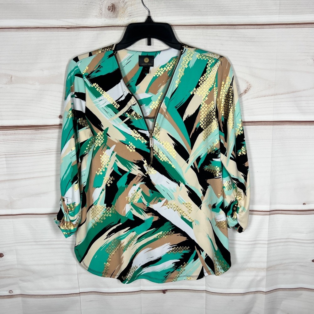 JM‎ Collection Top Womens PM Green Gold Abstract Artsy Print Blouse Knit 1/2 Zip